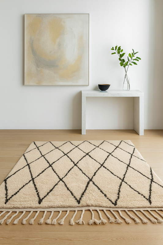 Tethered Echoes – Beni Ourain Rug with Narrow Lozenge Grid