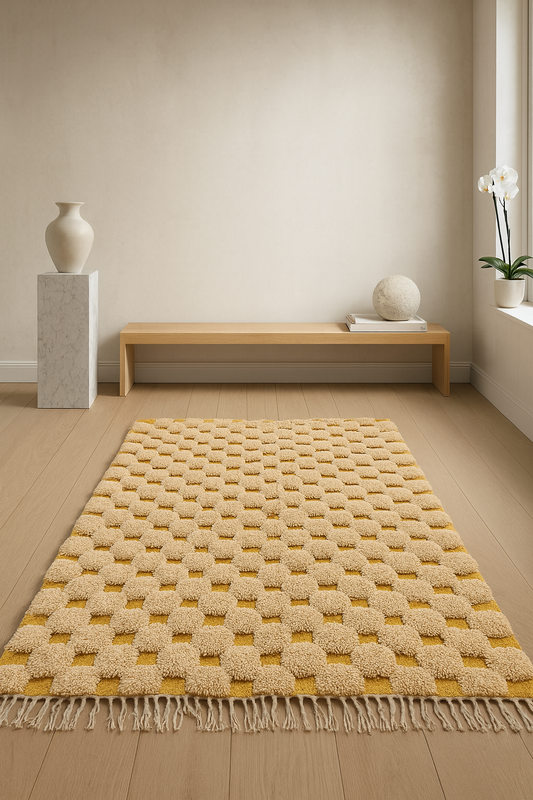Golden Tesserae – Beni Mrirt PomPom Grid in Handspun Wool