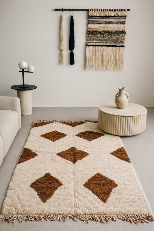Lozenges of the Earth – Sculpted Beni Mrirt Rug in Rust and Ivory Wool