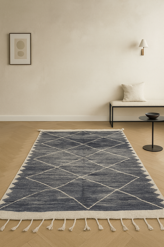 Tide Lines – Zanafi Flatweave in Indigo Wool Geometry