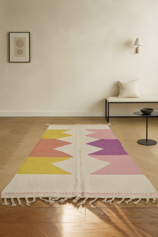 Nomad’s Dawn – Pastel Zanafi Flatweave in Rose, Lilac & Saffron