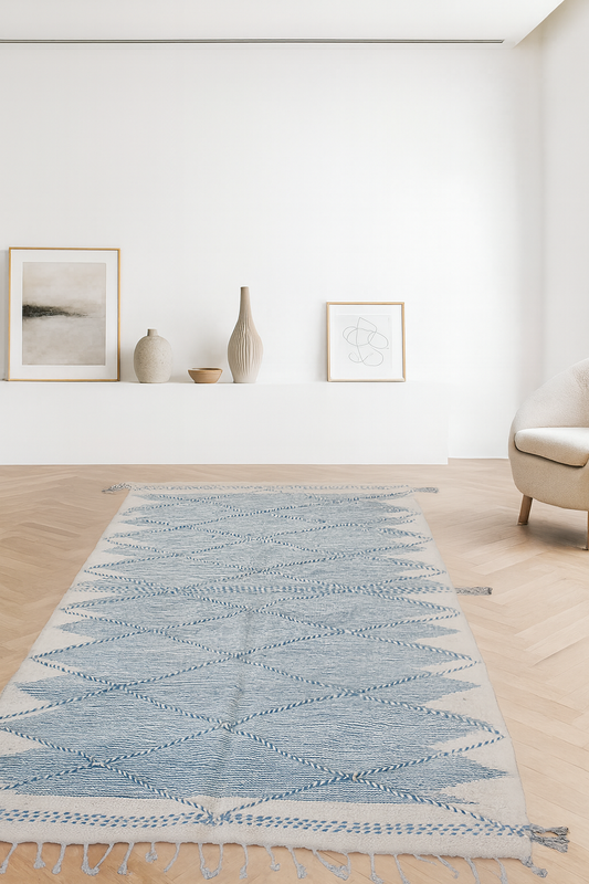 Peaceful Vibes – Pale Blue Zanafi Kilim with Geometric Calm