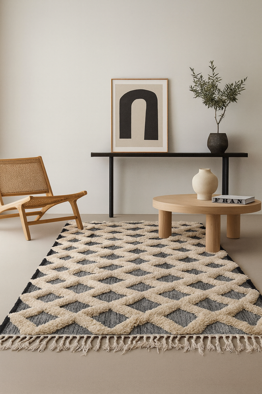 Shadow Grid – Sculpted Diamond Relief in Beni Mrirt Wool