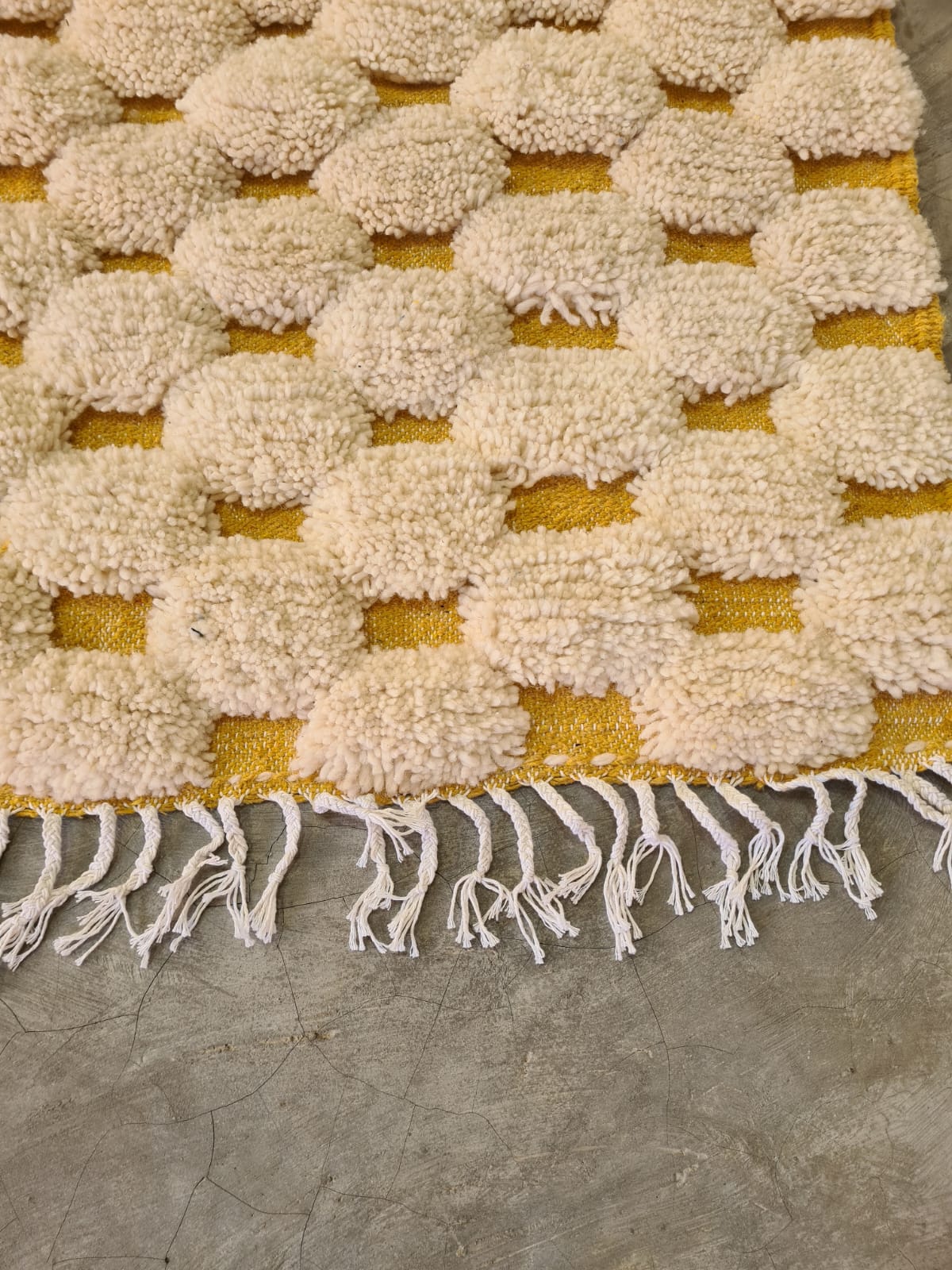 Golden Tesserae – Beni Mrirt PomPom Grid in Handspun Wool