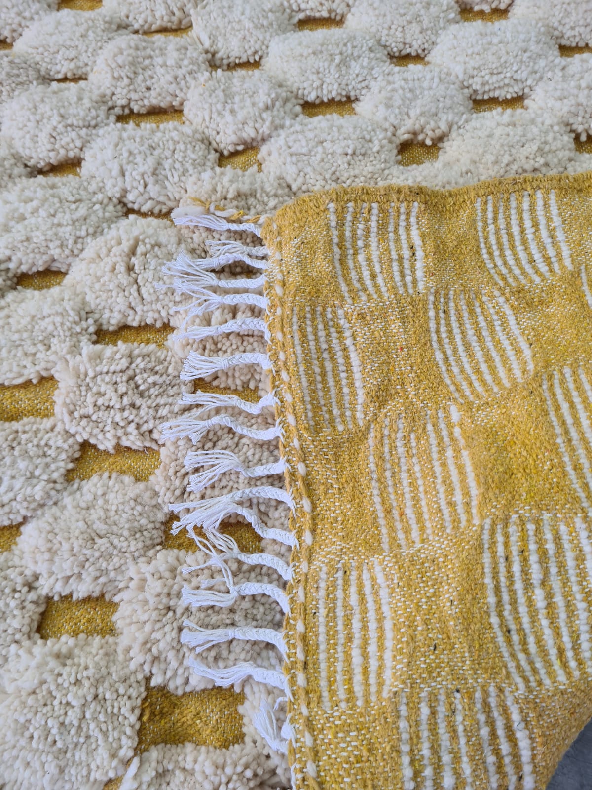 Golden Tesserae – Beni Mrirt PomPom Grid in Handspun Wool