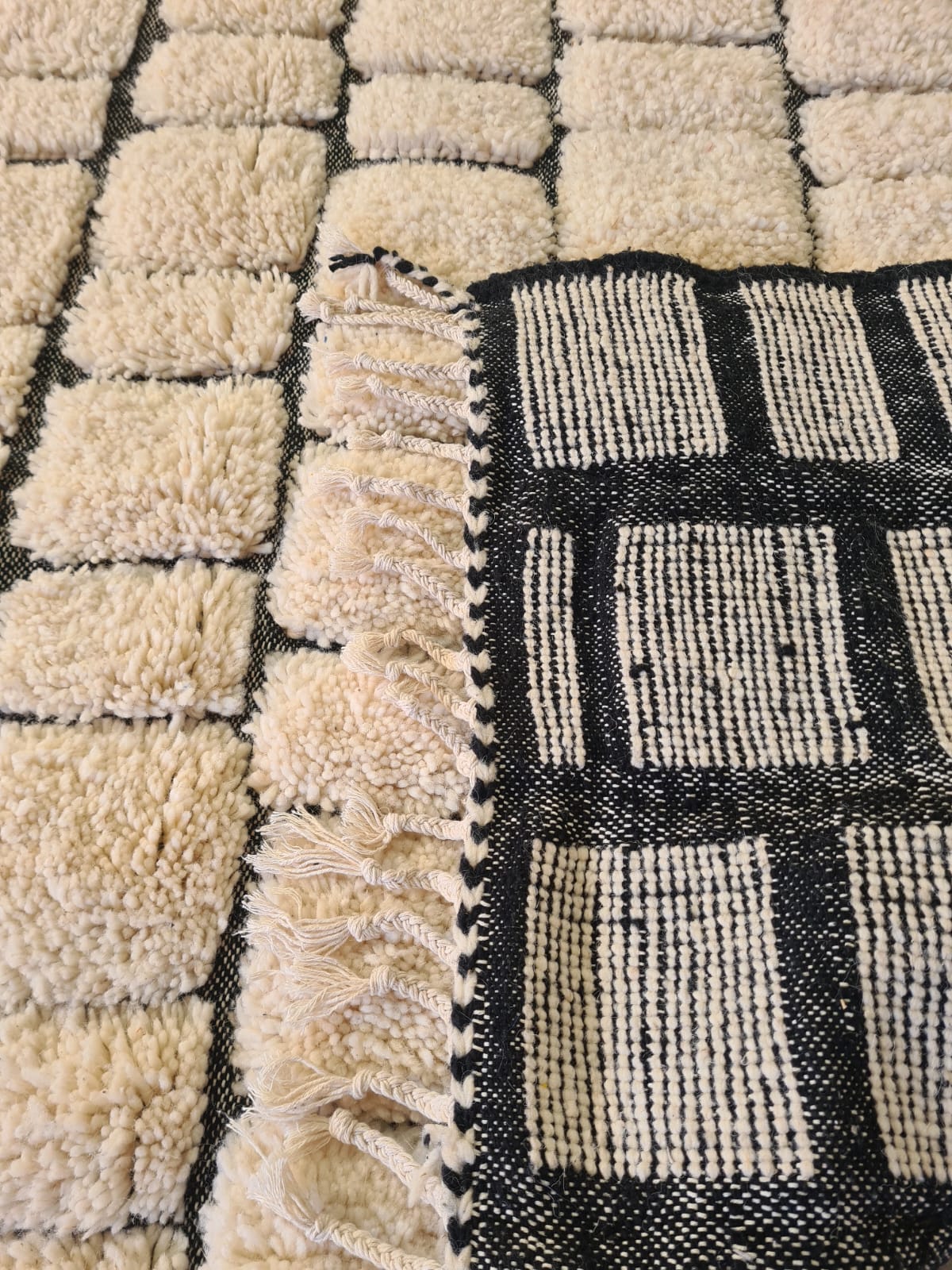 Paved Black Rivers Nomadic Grids – Sculpted Beni Ourain Rug in Raised Wool Relief