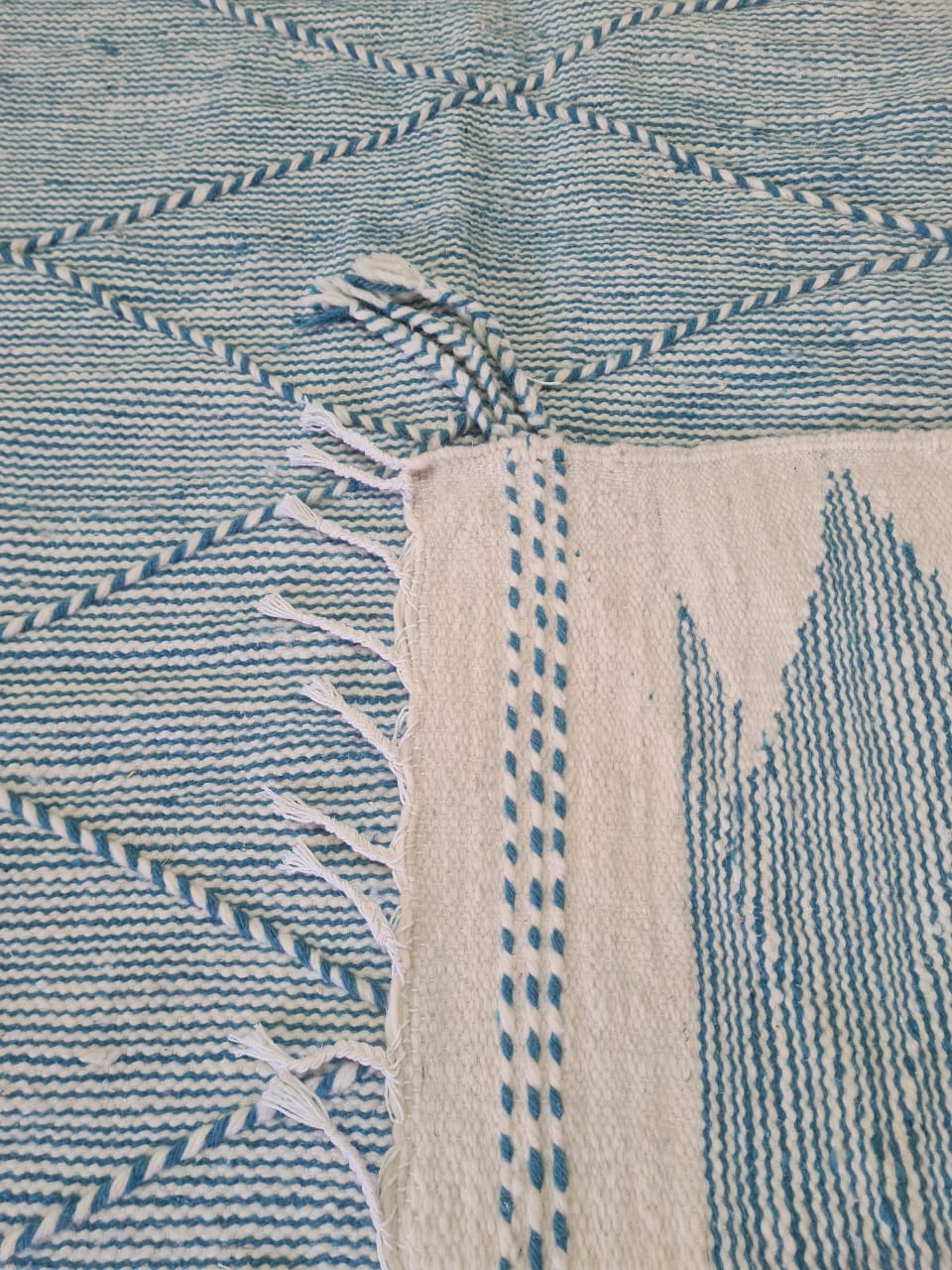 Peaceful Vibes – Pale Blue Zanafi Kilim with Geometric Calm