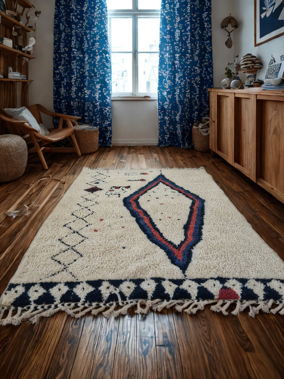 Room with a decorative rug on wooden floor, wooden furniture, and blue floral curtains.