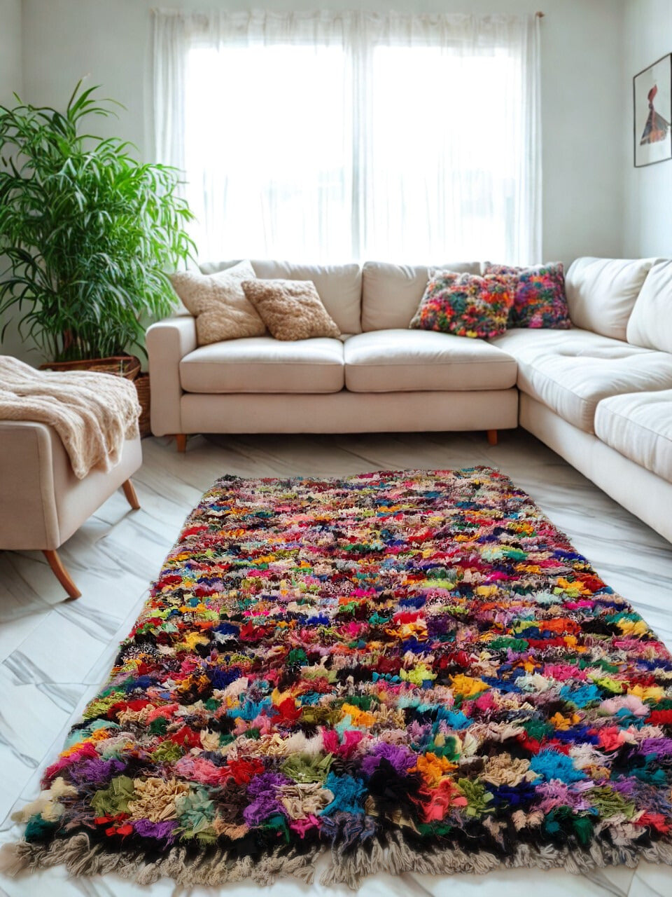 Petals in Rebellion – Boucherouite Floral Explosion in Reclaimed Textiles