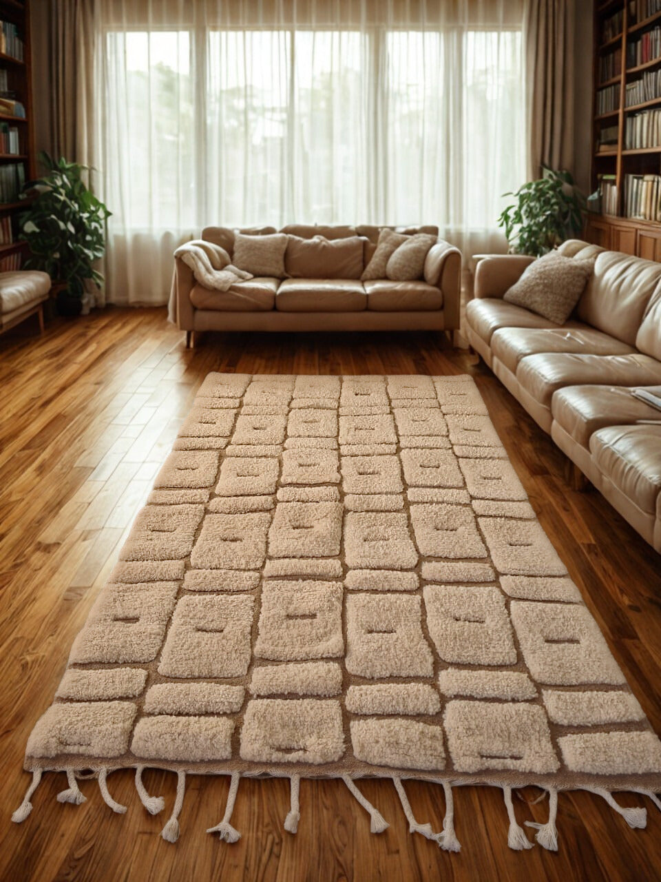 Beige rug with geometric pattern on wooden floor in living room