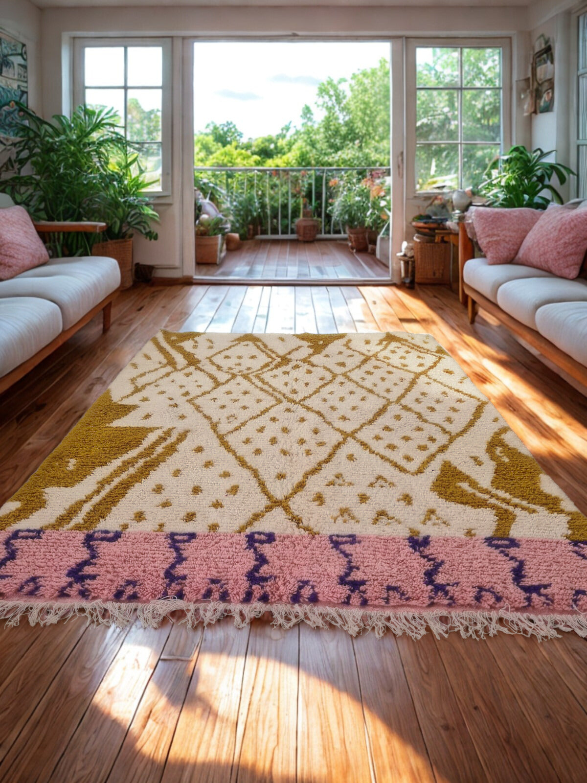 Living room with a patterned rug, couches, and a view of a balcony.