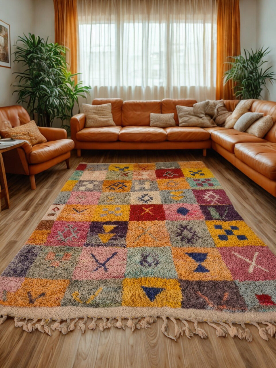 Living room with a patterned rug, brown leather sofa, and plants.