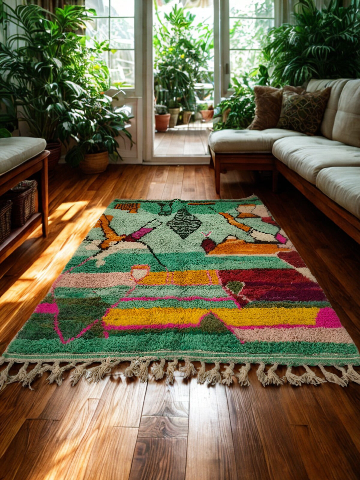 Living room with a colorful patterned rug on wooden floor, surrounded by plants.