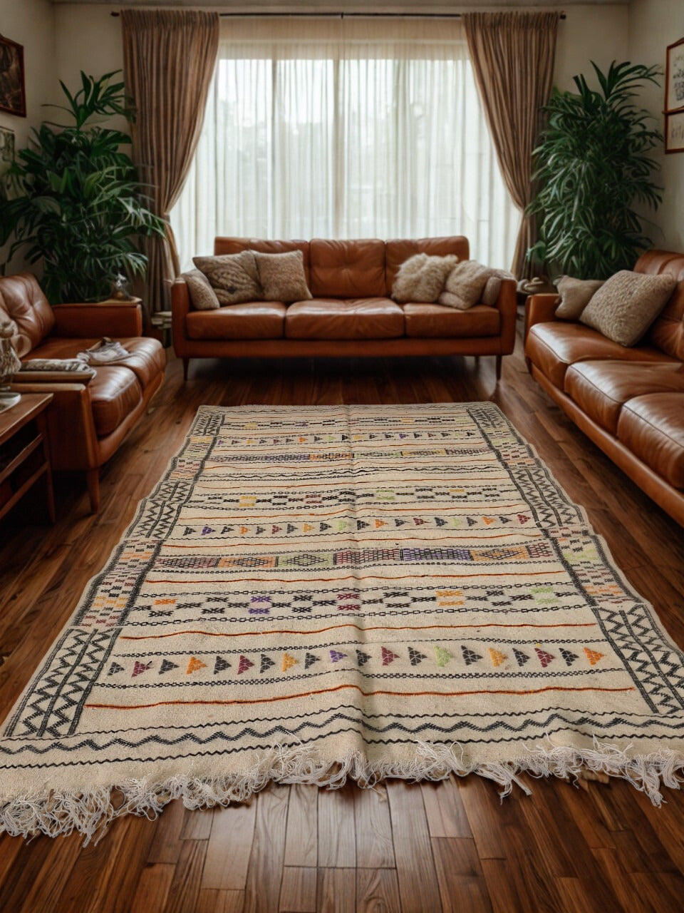Living room with brown leather sofas and a patterned rug on wooden floors.