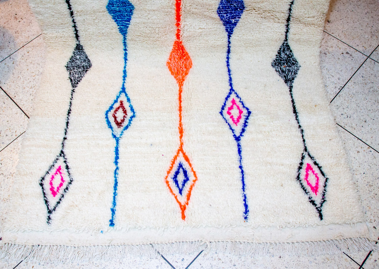 Azilal Vertical Totems — Ivory Wool with Cobalt, Neon Orange & Charcoal