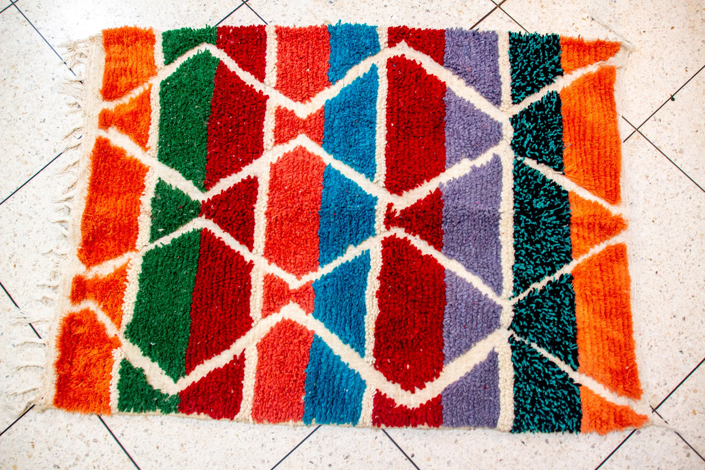 Boujaad Pile Rug — Chromatic Geometric Panels on Ivory Ground