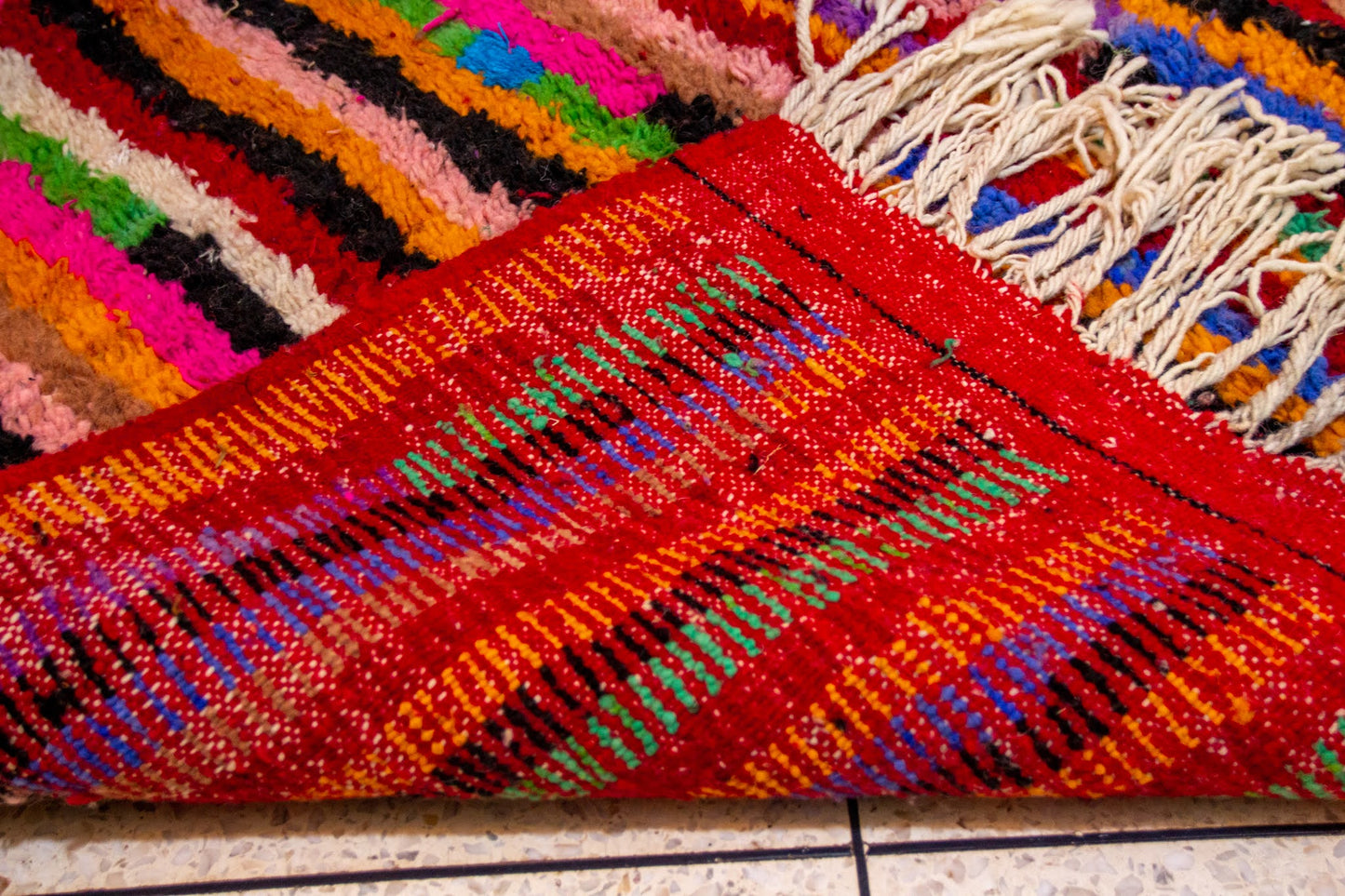 Boujaad Chromatic Rainfall — Multicolor Wool Stripes on Red Ground