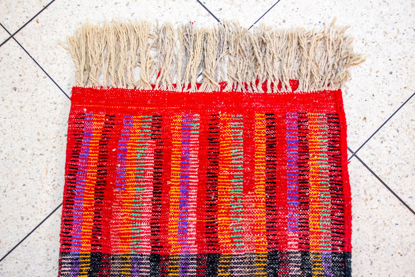Boujaad Chromatic Rainfall — Multicolor Wool Stripes on Red Ground