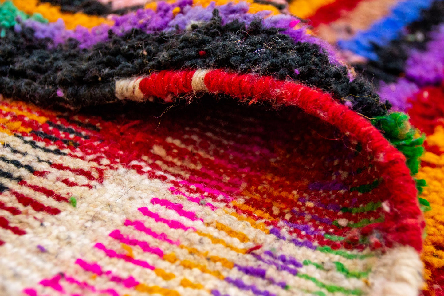 Boujaad Chromatic Rainfall — Multicolor Wool Stripes on Red Ground