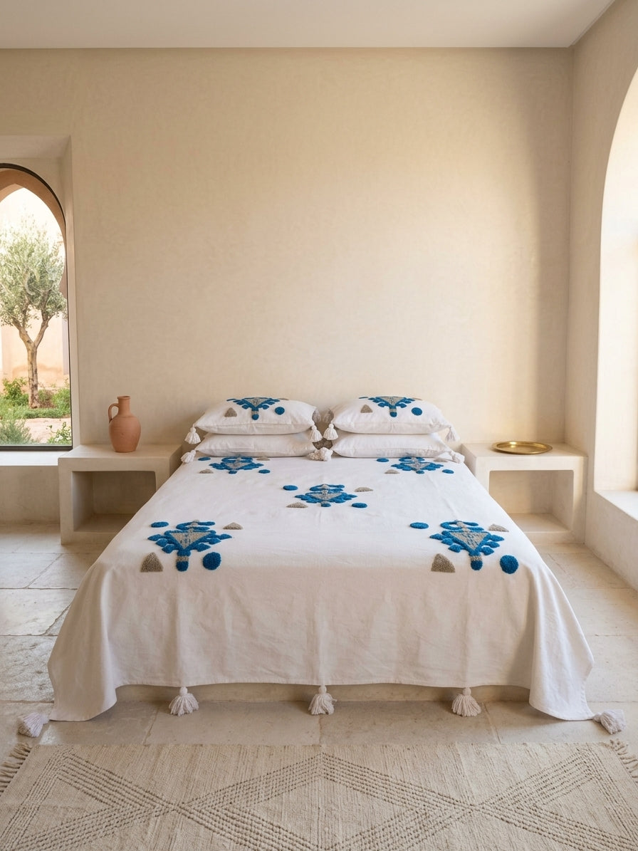 Safi Tufted Bedcover — Cobalt Medallions on Ivory