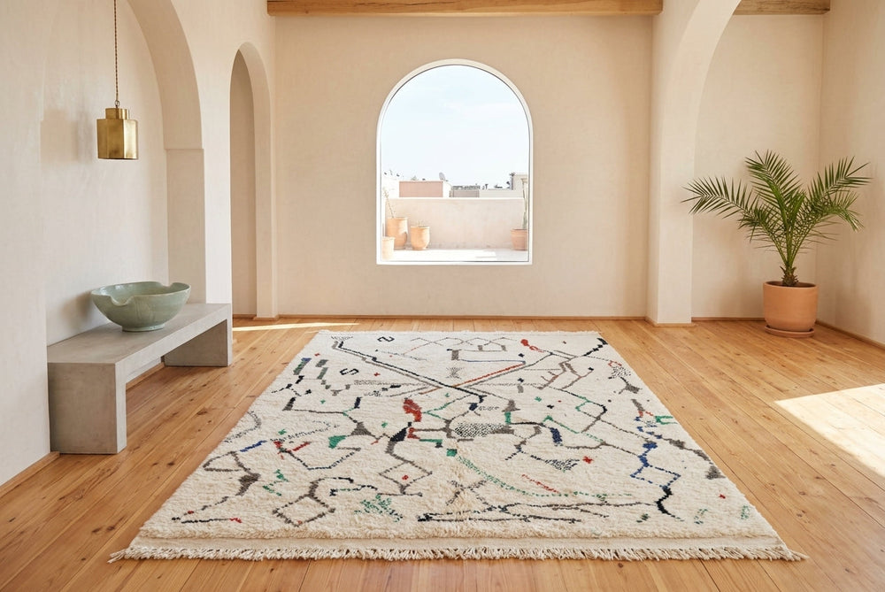 A rectangular area rug with a cream base and a colorful abstract map-like pattern, styled on a light wood floor in a minimalist, warm-toned room with arches, a bench, and a potted plant.