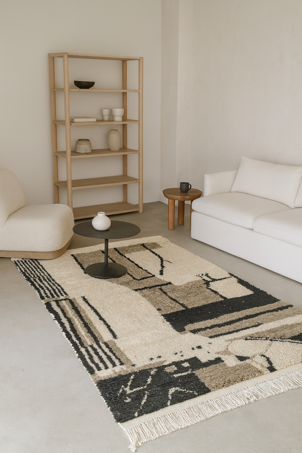 Azilal wool rug in earthy green and beige tones with symbolic black glyphs, displayed in a bright room with two sofas and indoor plants.