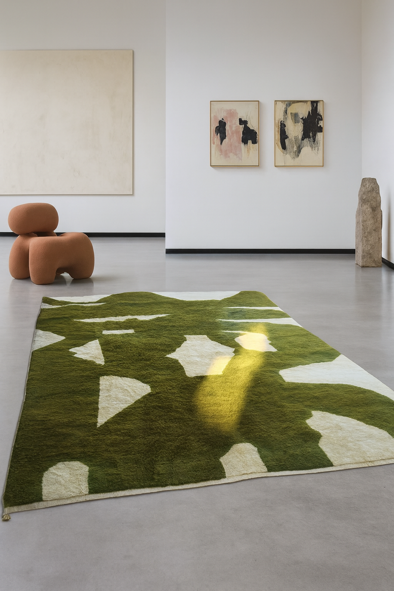 Beni Mrirt rug in deep ochre and teal with abstract glyph patterns, shown in a mid-century room with wood flooring and vintage decor.