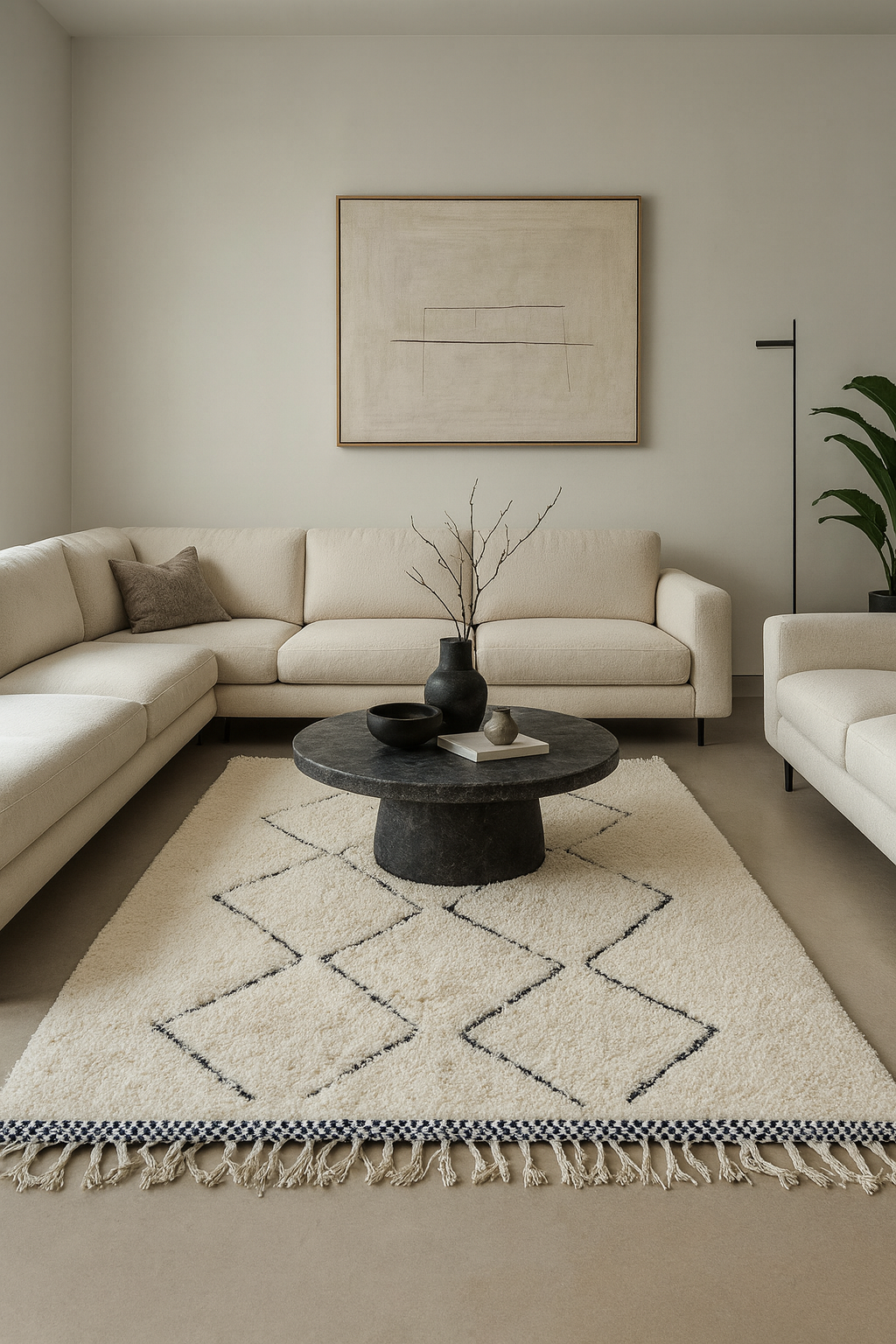 Beni Ourain wool rug in natural ivory tones with minimalist linework, styled in a cozy living room with beige sofa and patterned pillows.