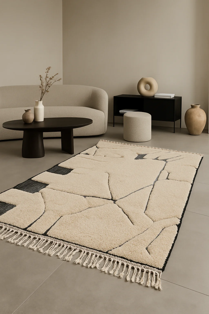 Beni Ourain wool rug in natural ivory tones with minimalist linework, styled in a cozy living room with beige sofa and patterned pillows.