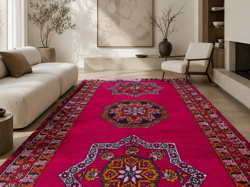 Ait Zayan rug in saturated red, pink, and saffron diamond patterns, displayed upright against a white wall and dark wood floor.
