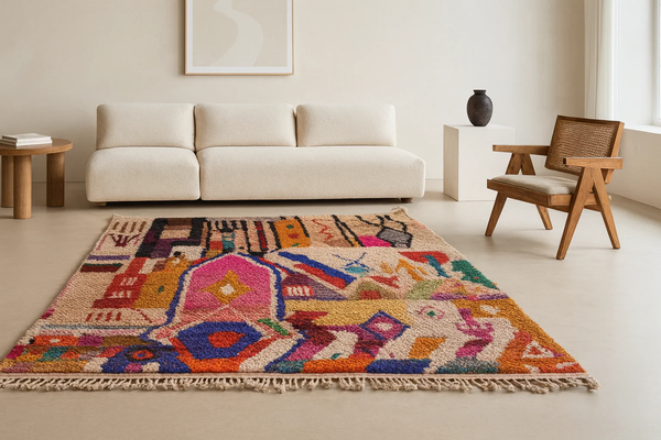 Boujaad rug in mustard, navy, and ivory horizontal bands, styled in a living room with blue velvet sofas and leafy indoor plants.