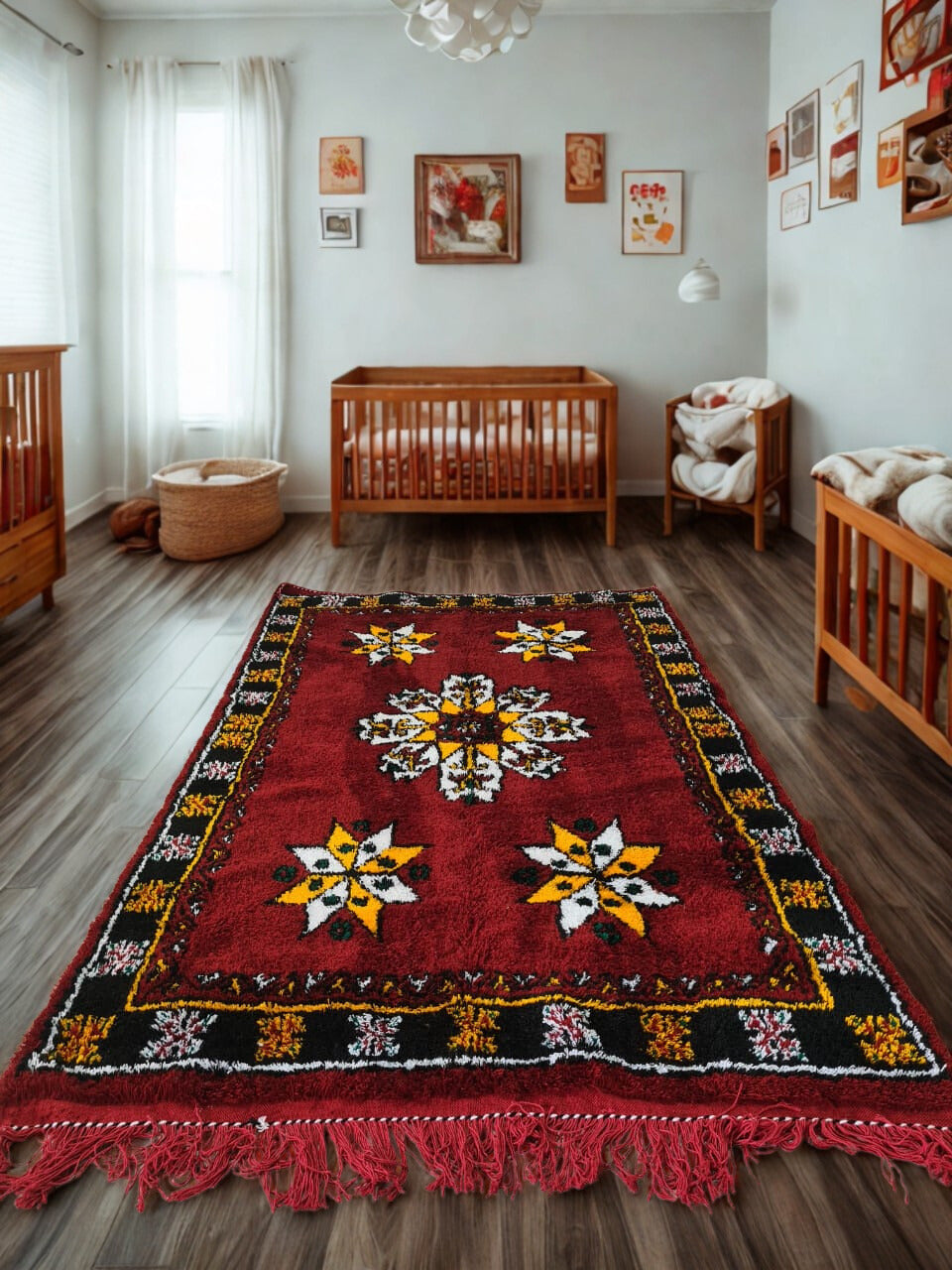 Acrylic wool rug in deep red with floral medallions and geometric borders, displayed in a modern room with vintage decor.