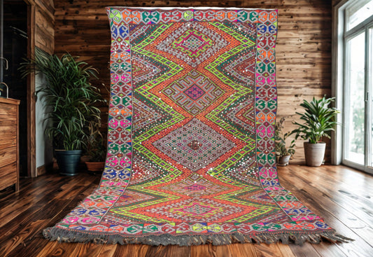 Colorful patterned rug on a wooden floor with plants and a wooden cabinet in the background.