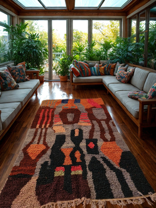 Living room with a colorful rug, couches, and large windows.