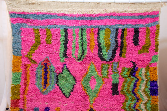 Boujaad Pile Rug — Fuchsia Field with Rainbow Side Band & Jewel Diamonds