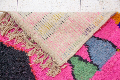 Boujaad Pile Rug — Fuchsia Field with Rainbow Side Band & Jewel Diamonds
