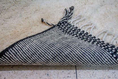 Beni Ourain Pile Rug — Ivory Abrash with Indigo Check Bands