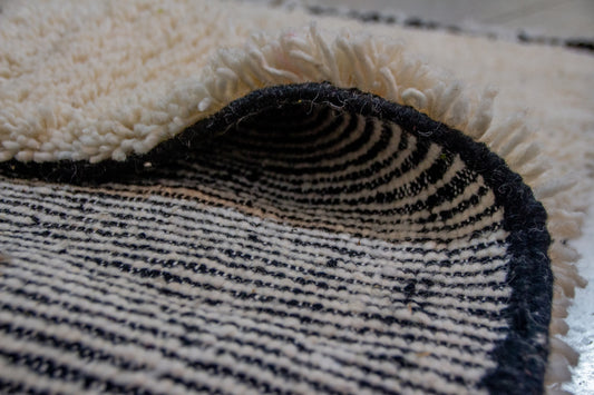 Beni Ourain Pile Rug — Ivory Abrash with Indigo Check Bands