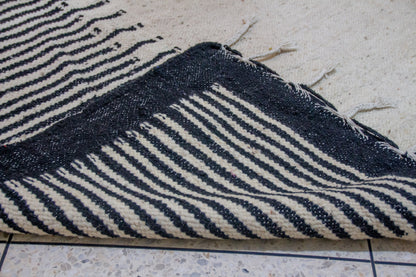 Zanafi Boujaad Flatweave — Indigo Ladder Border on Ivory