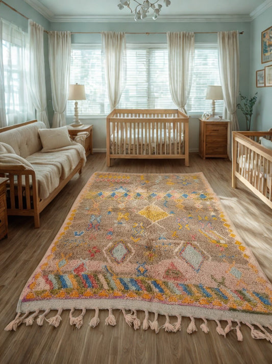 Nursery room with wooden crib, sofa, and colorful rug.