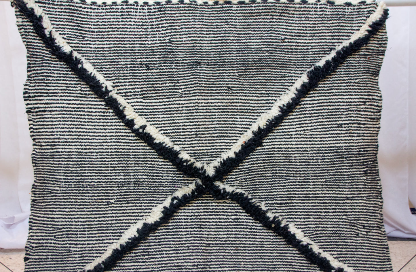 Zanafi Boujaad Kilim — Indigo Cross Panels on Ivory Stripes