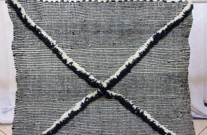 Zanafi Boujaad Kilim — Indigo Cross Panels on Ivory Stripes