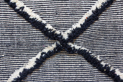 Zanafi Boujaad Kilim — Indigo Cross Panels on Ivory Stripes
