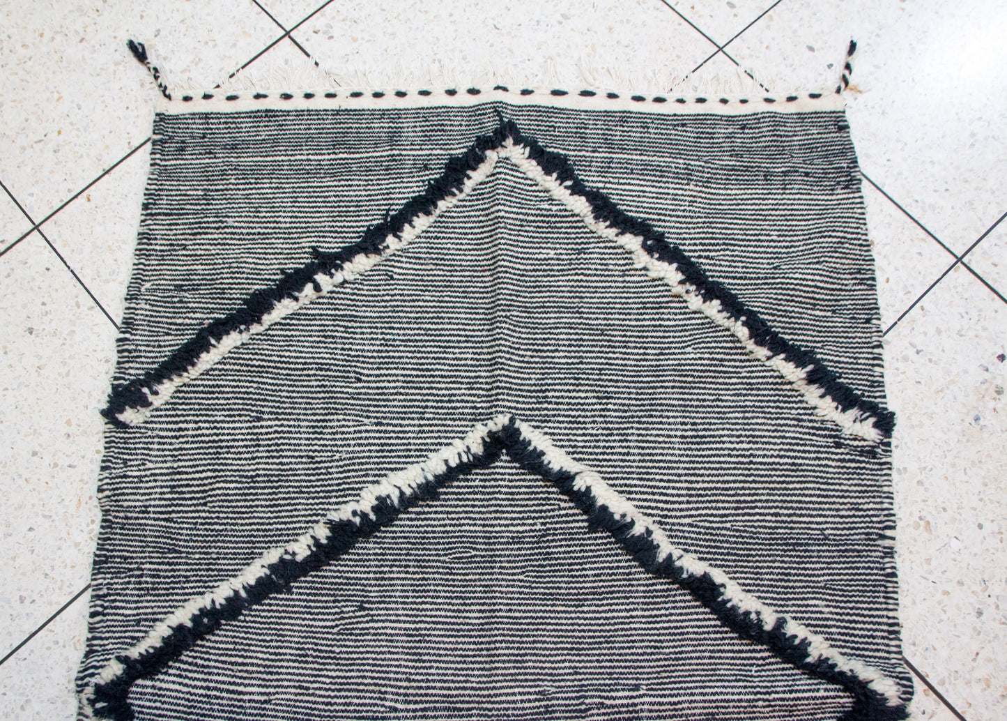 Zanafi Boujaad Kilim — Indigo Cross Panels on Ivory Stripes