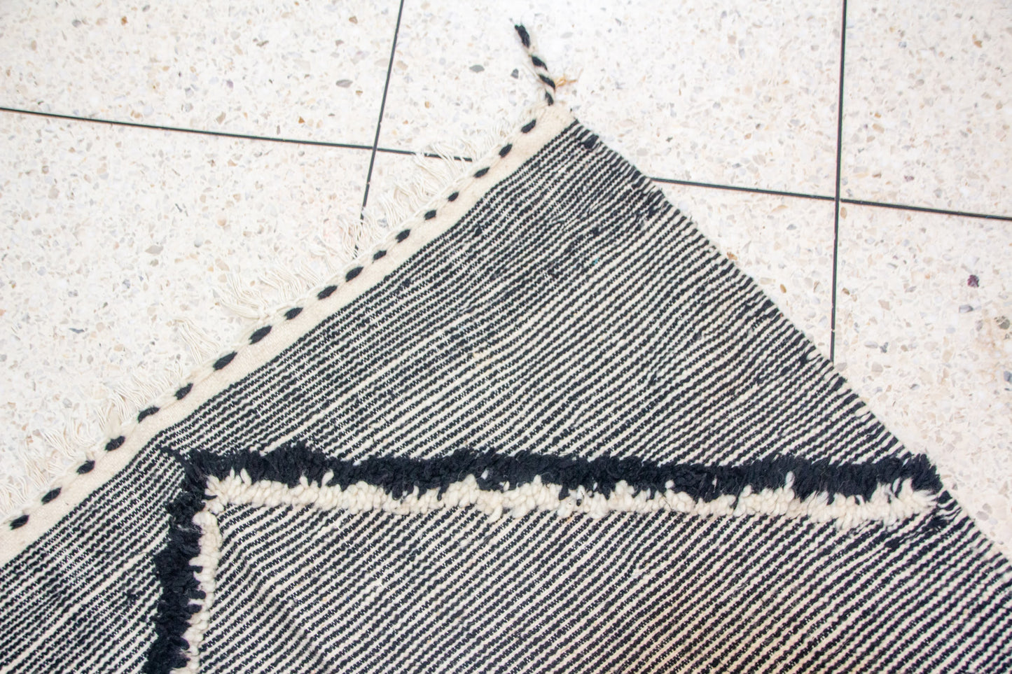 Zanafi Boujaad Kilim — Indigo Cross Panels on Ivory Stripes