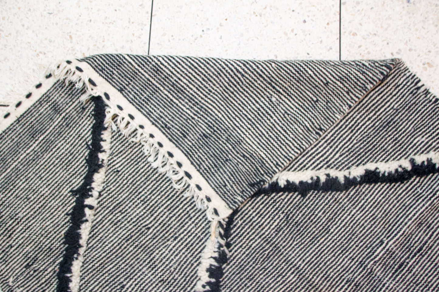 Zanafi Boujaad Kilim — Indigo Cross Panels on Ivory Stripes