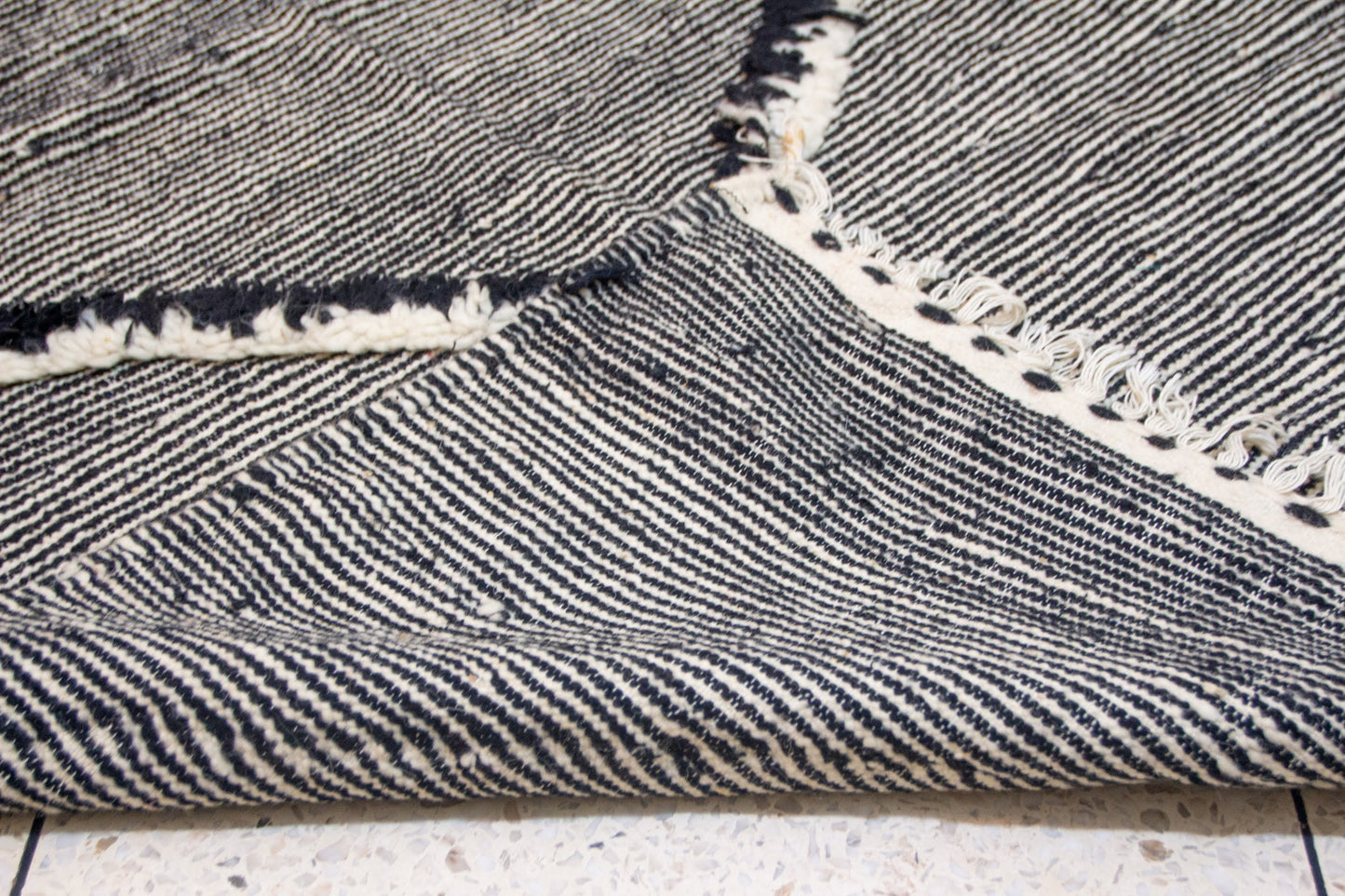 Zanafi Boujaad Kilim — Indigo Cross Panels on Ivory Stripes