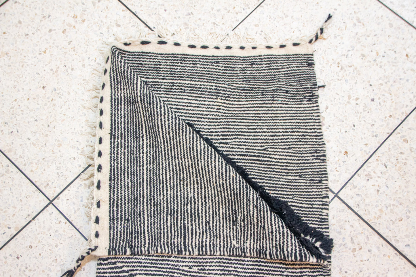 Zanafi Boujaad Kilim — Indigo Cross Panels on Ivory Stripes