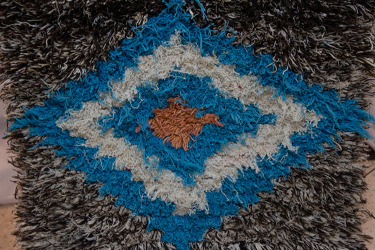 Boucherouite Stone-Field with Azure Diamond Totem — Reclaimed-Textile Runner
