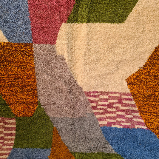 Boujaad Abstract Color-Block — Fig, Olive, Saffron & Sky on Ivory Wool